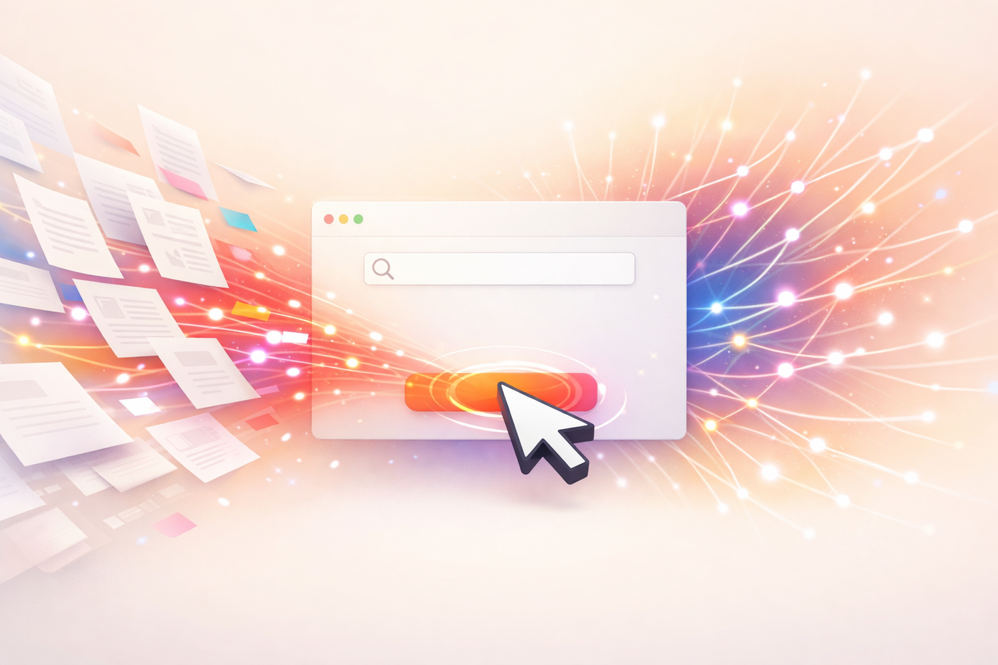 PDF Content Search – Claude Desktop mit einem Klick einrichten: Dokumente strömen in ein App-Fenster, das zum Knotenpunkt eines leuchtenden Datennetzwerks wird