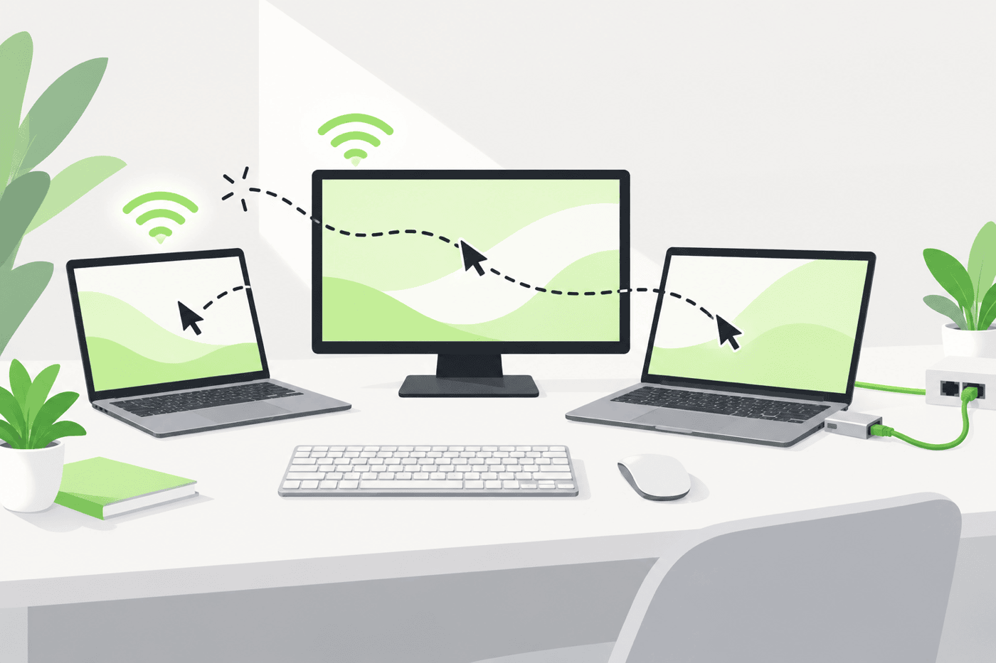 Illustration: Schreibtisch mit Monitor und zwei Laptops, ein Mauszeiger wandert zwischen den Bildschirmen, links Funkwellen, rechts ein Netzwerkkabel mit Ethernet-Adapter