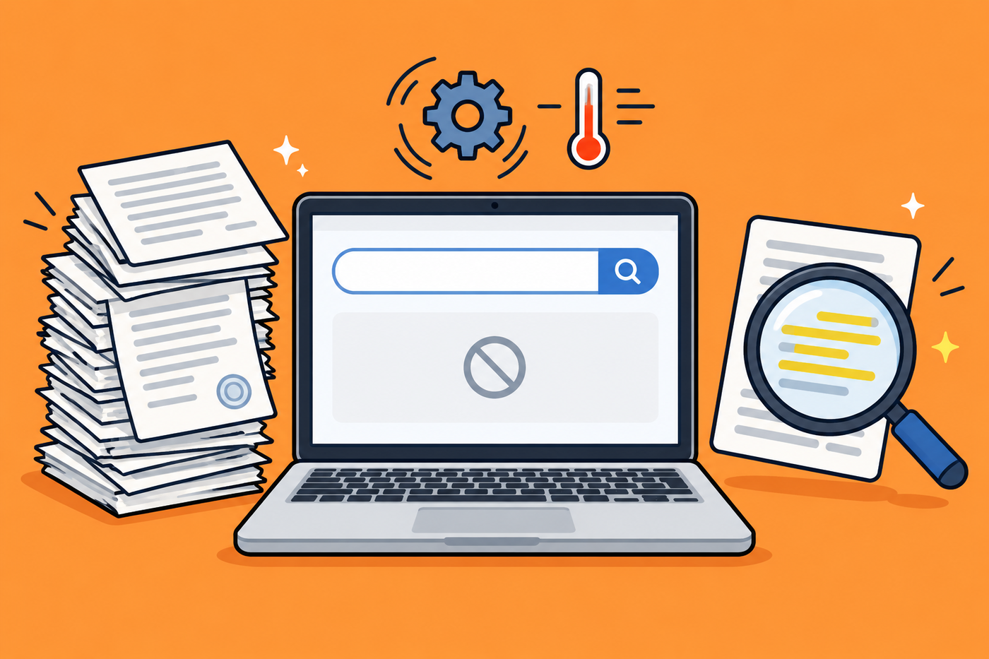 Illustration: laptop showing an empty search result list, next to a stack of scanned documents and a magnifying glass highlighting text
