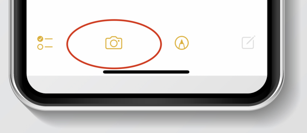Screenshot der Notizen-App mit dem  Kamera-Icon um Fotos oder Dokumente zu scannen