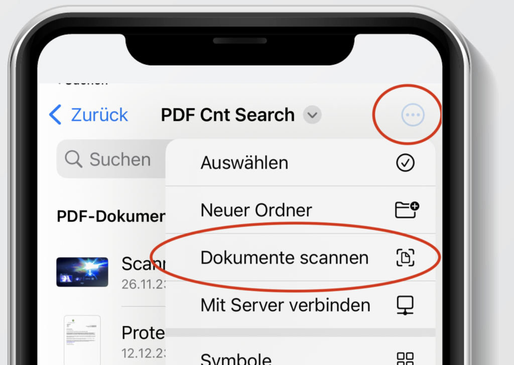 Screenshot von der iOS "Dateien" App übers Menü "Dokument scannen"