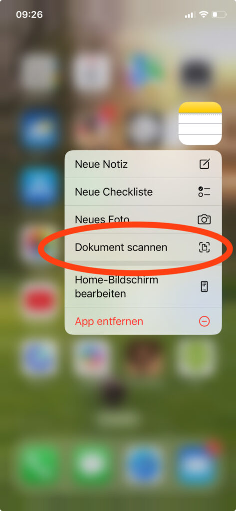 Screenshot vom iPhone Home Screen mit der Notizen App via "long-press" ein Dokument scannen